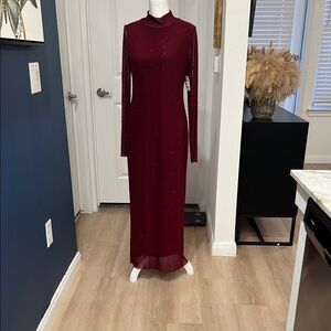 Elegant Mesh Burgundy Long Sleeve Dress w/Beaded Blingy detail.